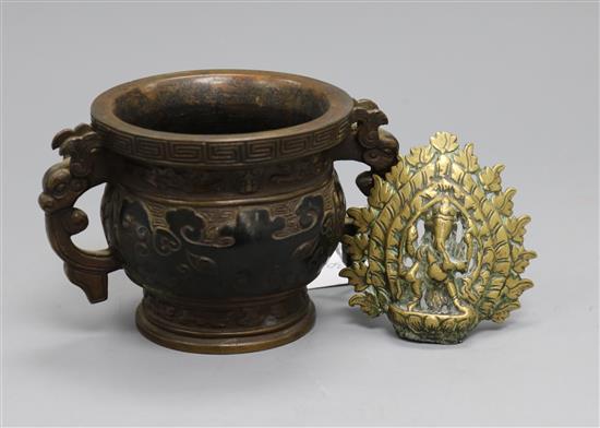 A Chinese bronze censer and an Indian brass plaque of Ganesh